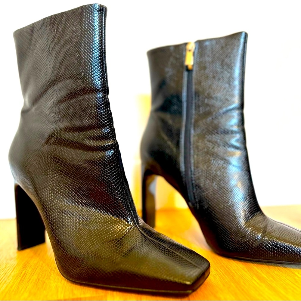 Zara ANKLE Boots Black Heels Square Toe